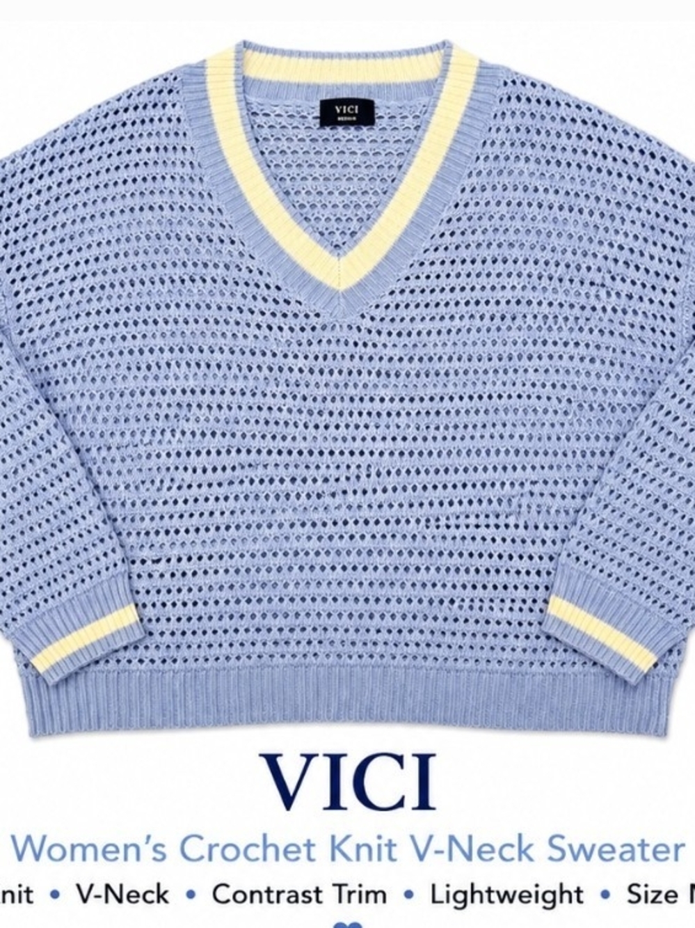 VICI Light Blue Crochet V-Neck Sweater with White Trim